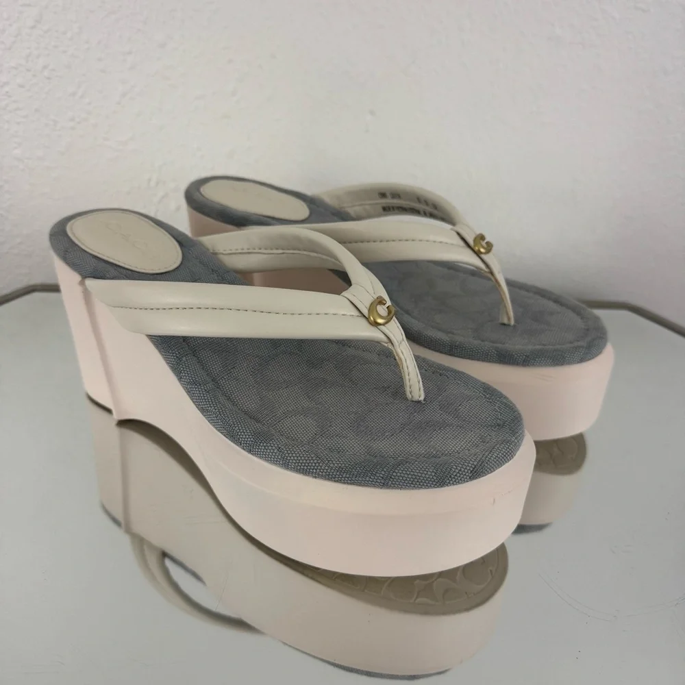 COACH White Leather Y2K Franki Monogram Chunky Platform Thong Sandal Flip Flops - Picture 2 of 11